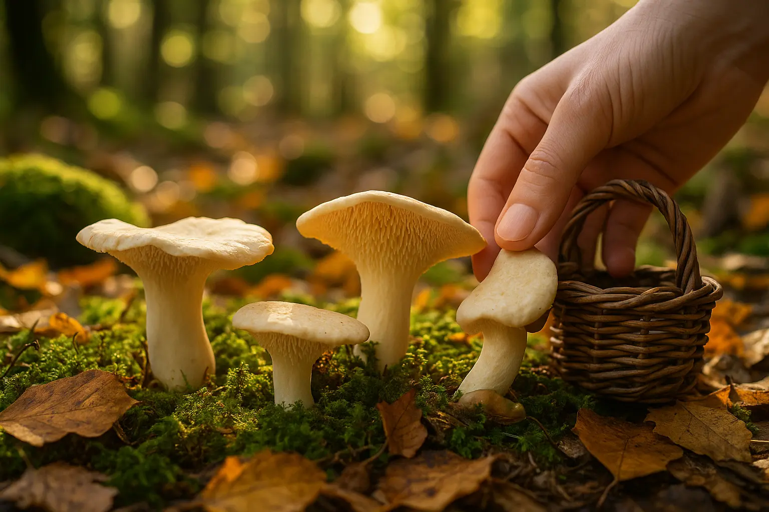 Cueillette de champignons pied de mouton frais dans un panier en osier en forêt