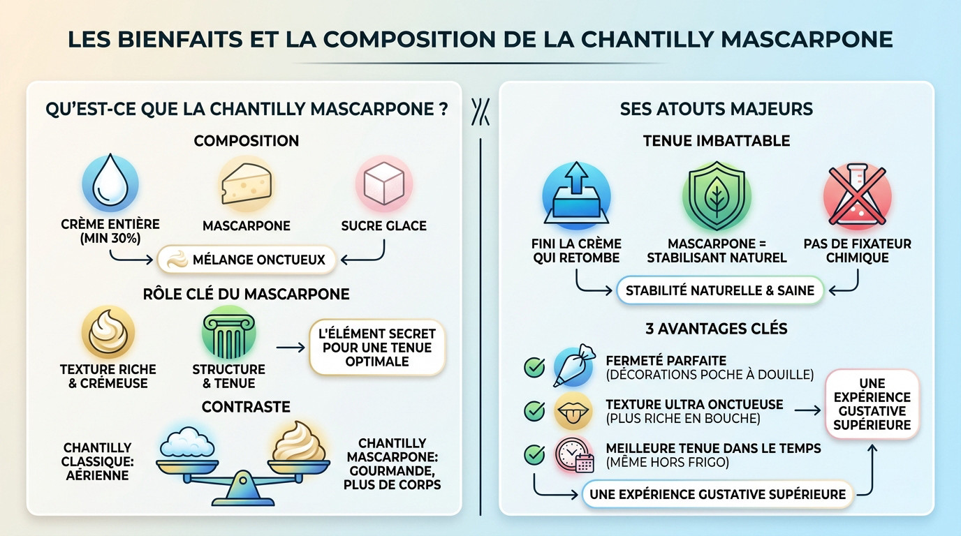 Composition et texture onctueuse de la chantilly mascarpone pour garnir un dessert