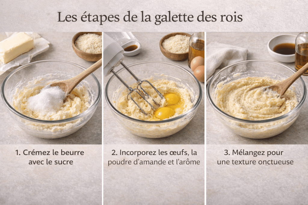 les différentes étapes pour réaliser la crème d'amande pour une galette des rois