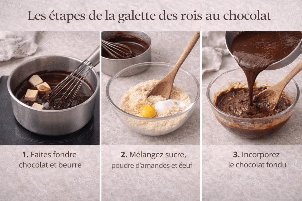 les différentes étapes de la recette de galette des rois au chocolat