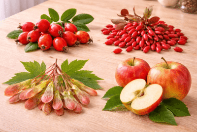 fruit en e : églantine, érable, pommes Elstar ...