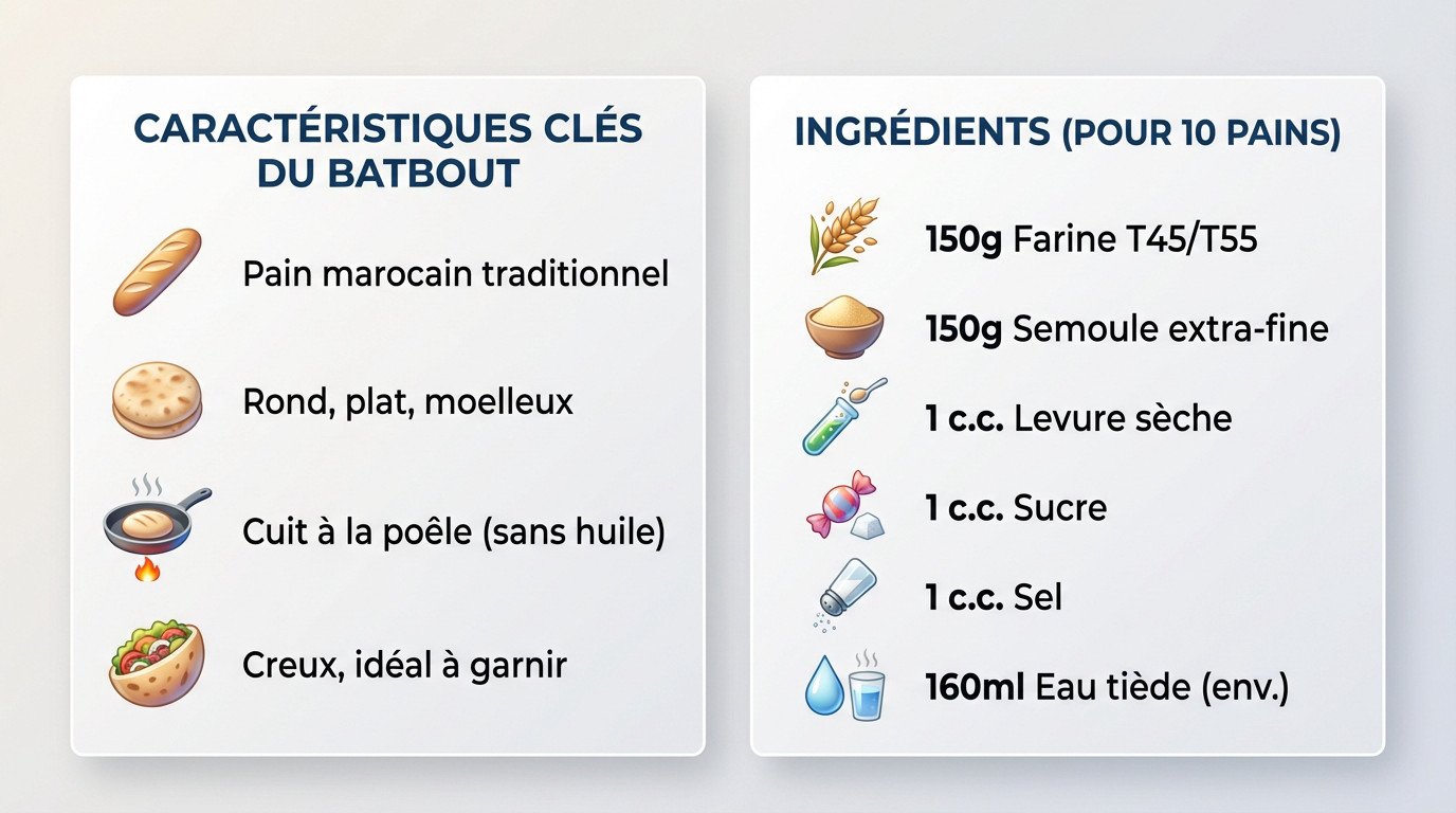 Infographie présentant les ingrédients et la cuisson du batbout marocain