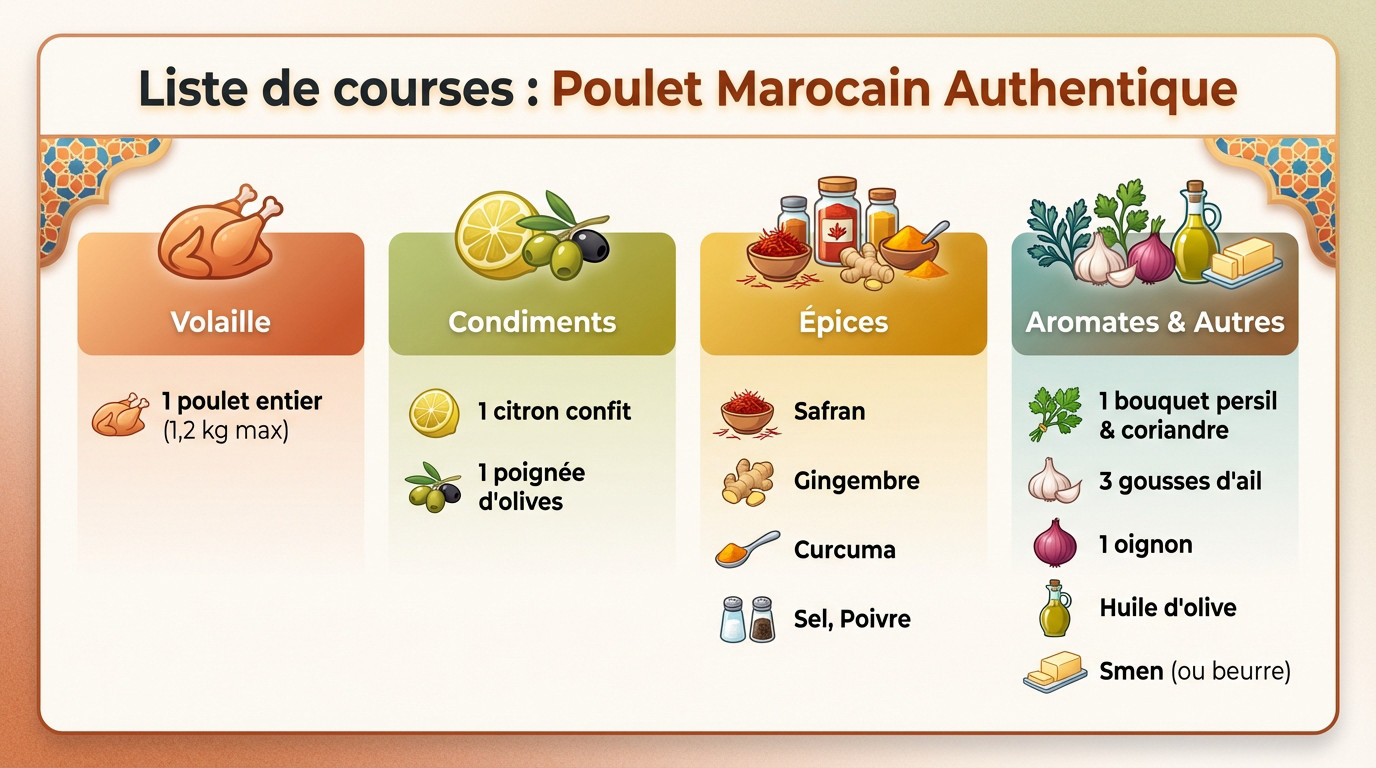 Liste des ingrédients essentiels pour un poulet olives marocain authentique : épices, olives et citron confit