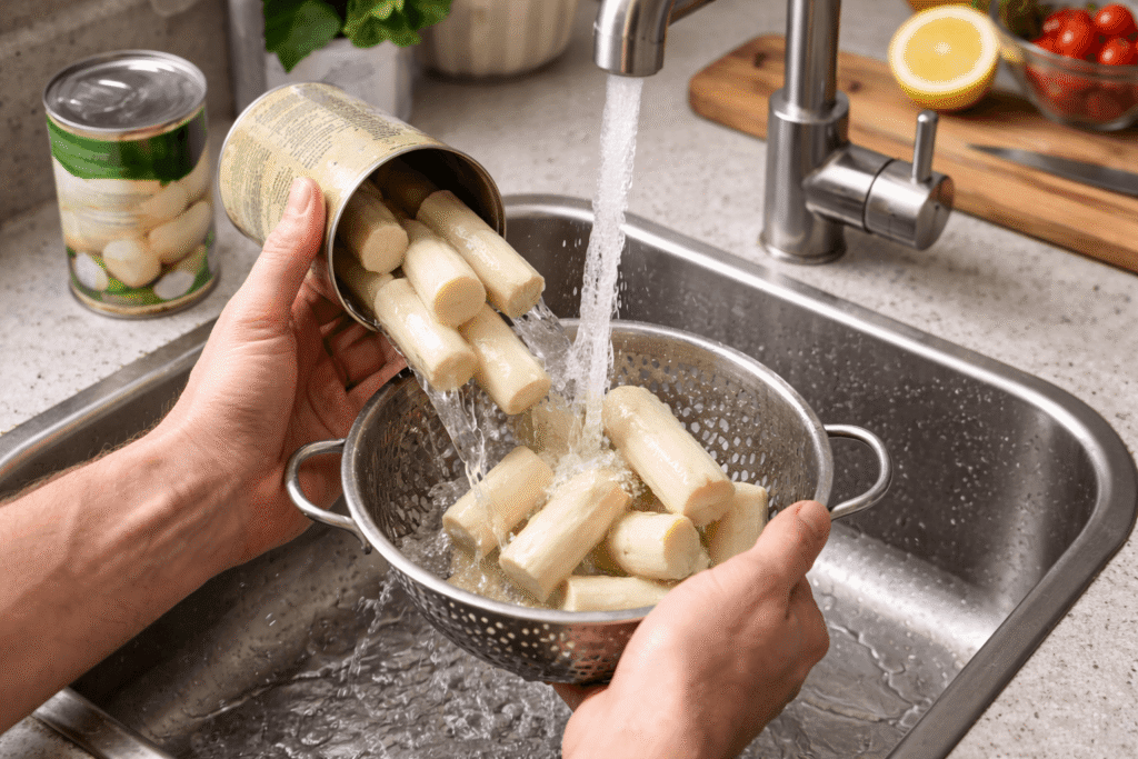 rincer les coeurs de palmier en conserve pour enlever le goût de la saumure