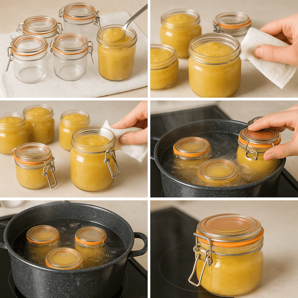 photos des différentes étapes de la conservation compote maison : la stérilisation des bocaux