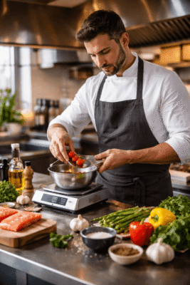 chef qui utilise une balance cuisine pro