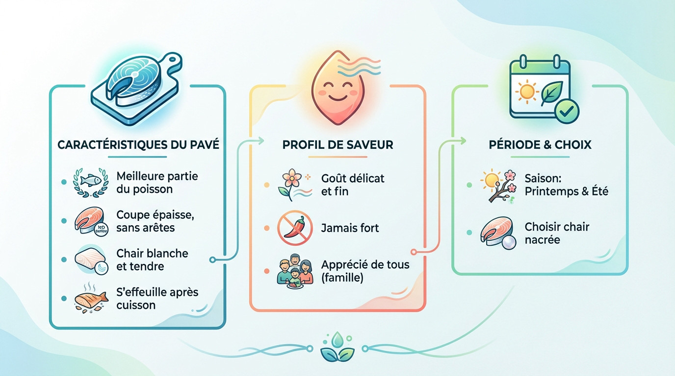 Infographie sur le pavé de merlu : caractéristiques, goût et période pour en acheter