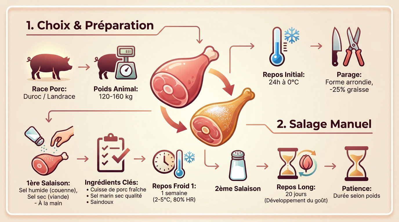 Infographie pour préparer, saler et sécher le jambon cru à la maison