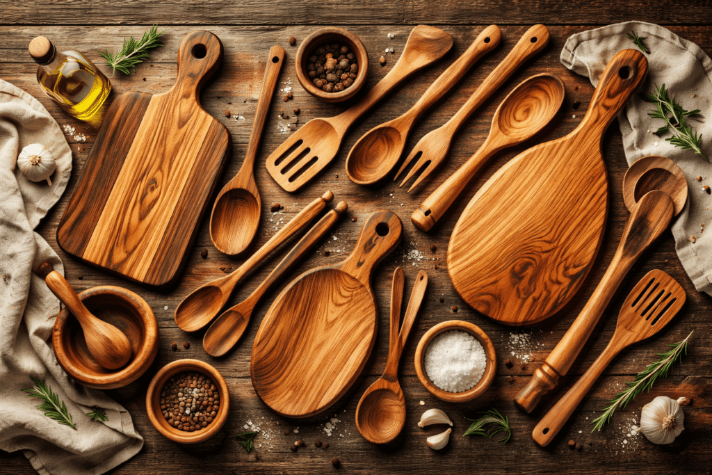 ustensiles de cuisine en bois artisanal