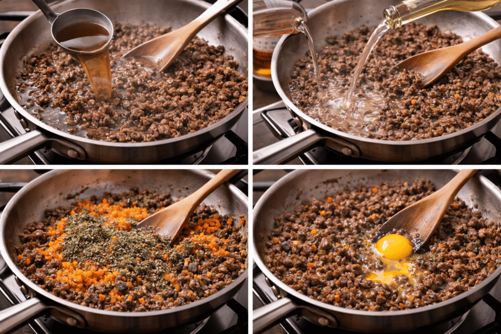 Intégration du bouillon dans la farce du hachis Parmentier