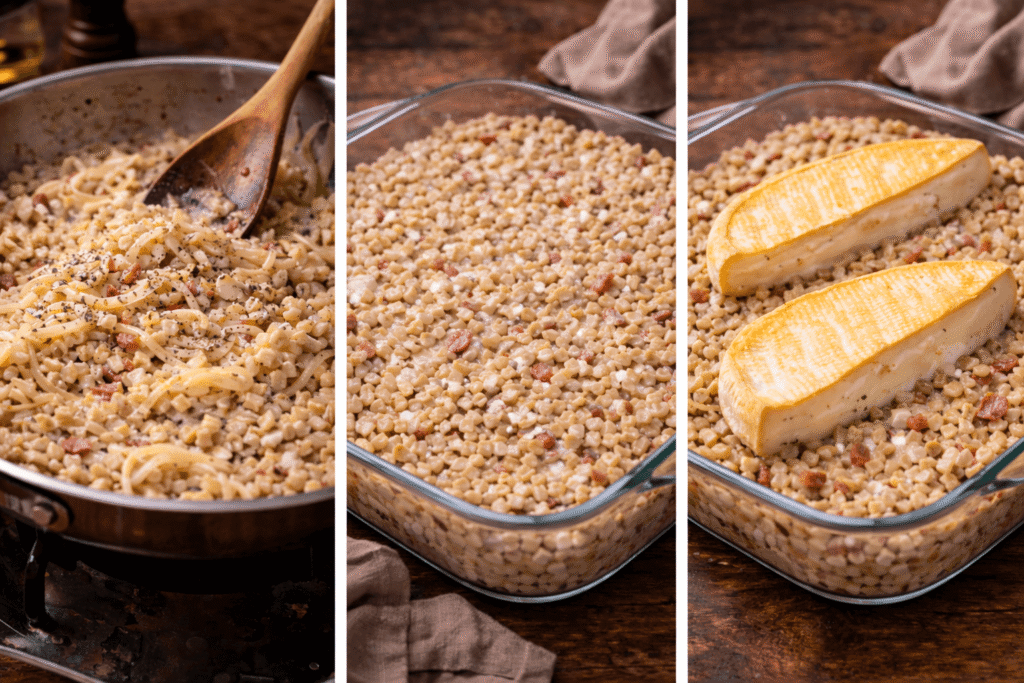 assemblage croziflette et pose des tranches de reblochon