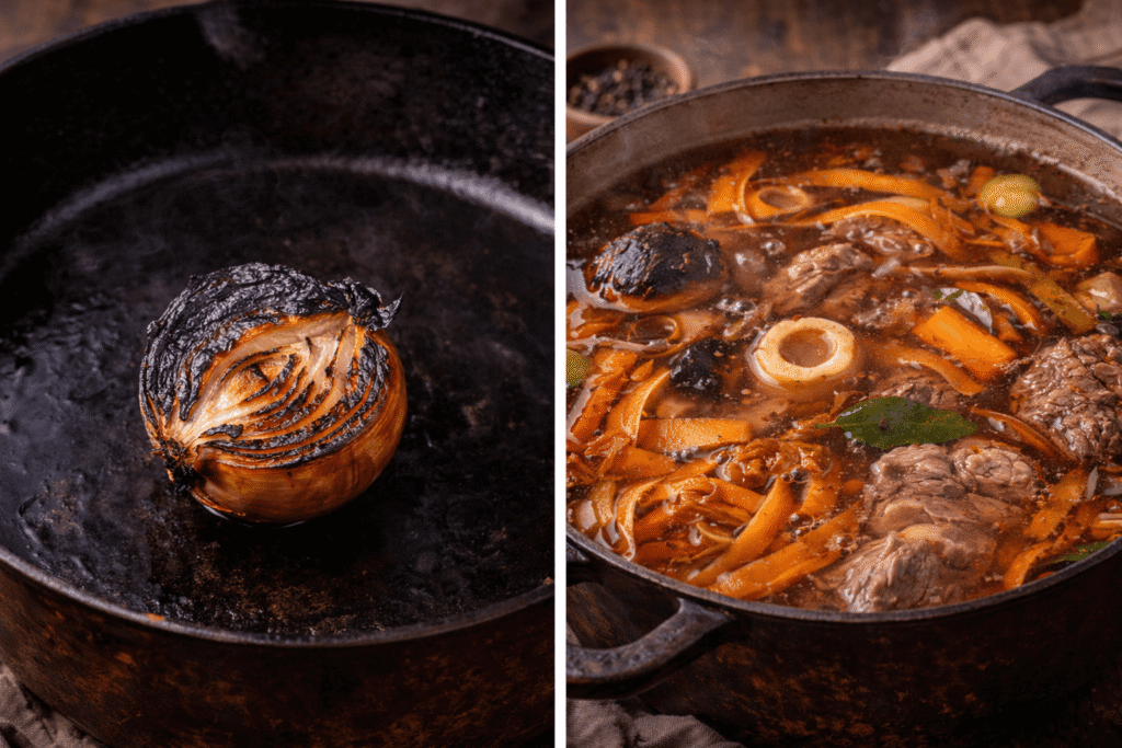 recette pot au feu : l'oignon noirci et les épluchures de carottes apportent du goût au plat
