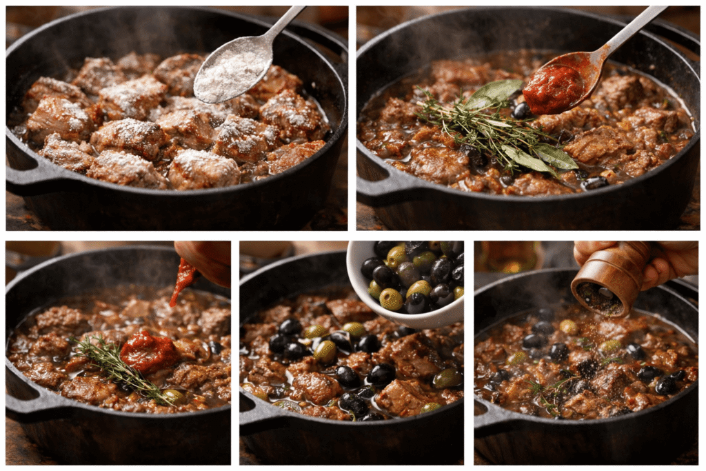 Étapes de préparation de la sauce du veau aux olives corse