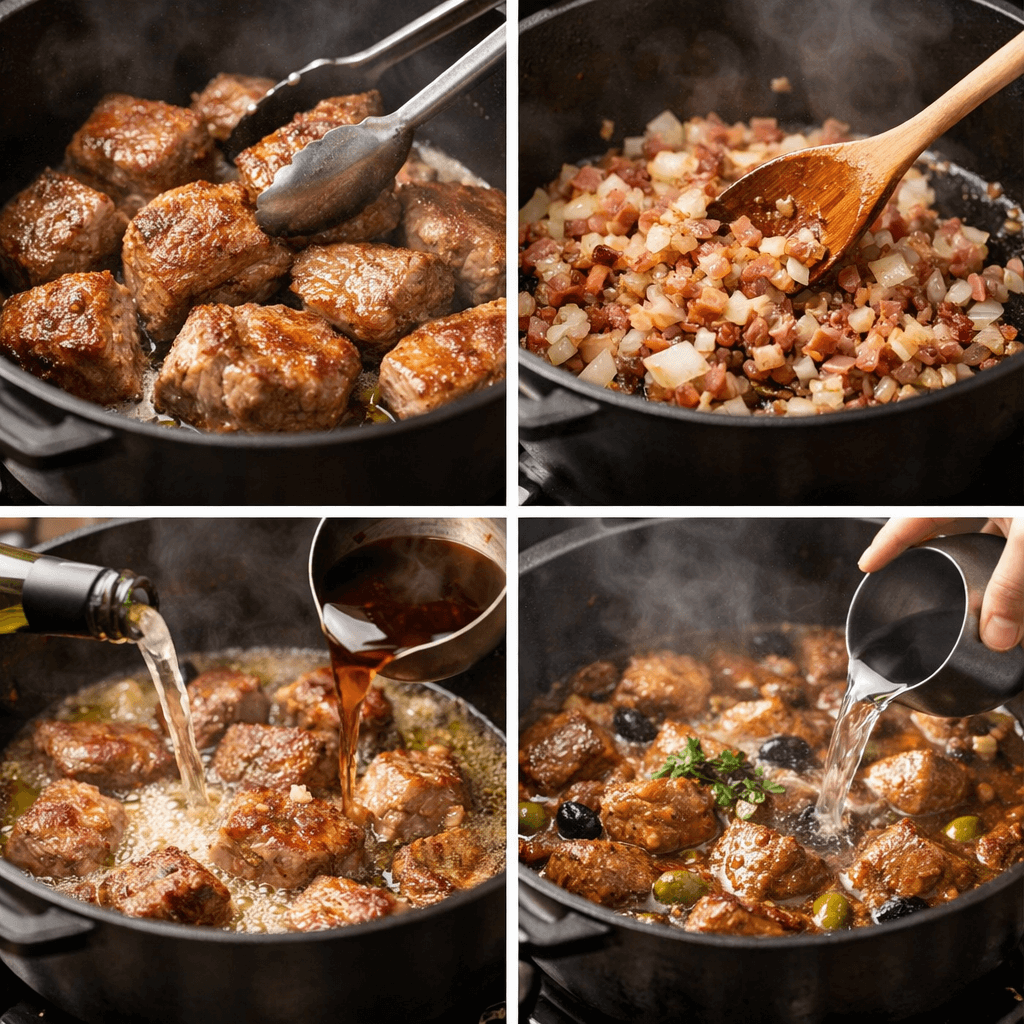 Étapes de cuisson du veau aux olives corse