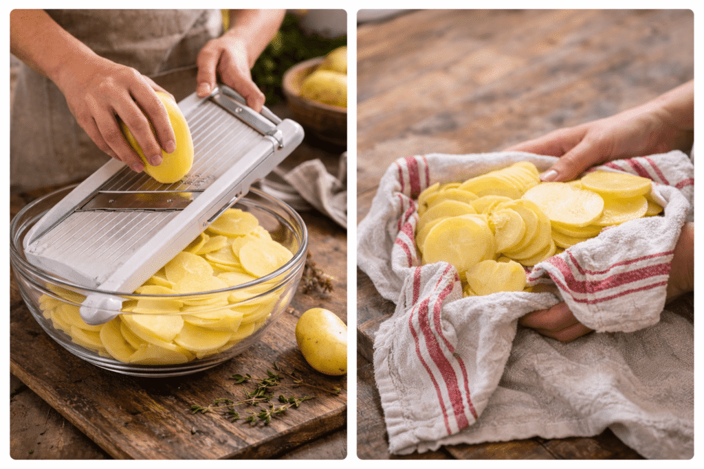 Étapes du gratin dauphinois : découpe de pomme de terre à chair ferme à la mandoline