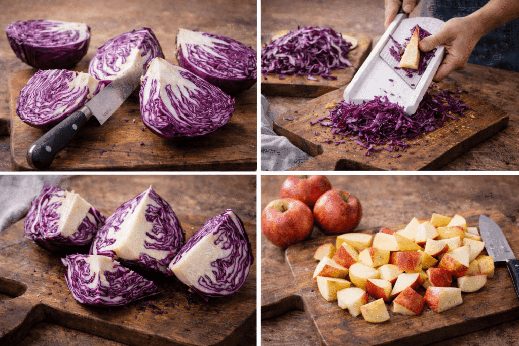 découpe du chou rouge et des pommes