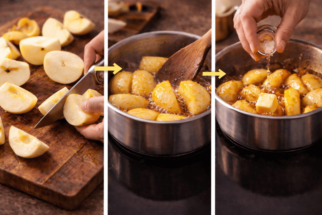 les différentes étapes de la pré-cuisson des pommes pour la recette tarte tatin
