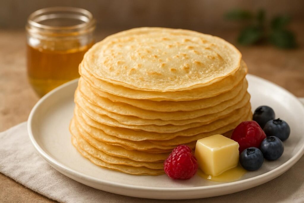 Pile de crêpes sans gluten à la Maïzena légèrement dorées sur une assiette claire.