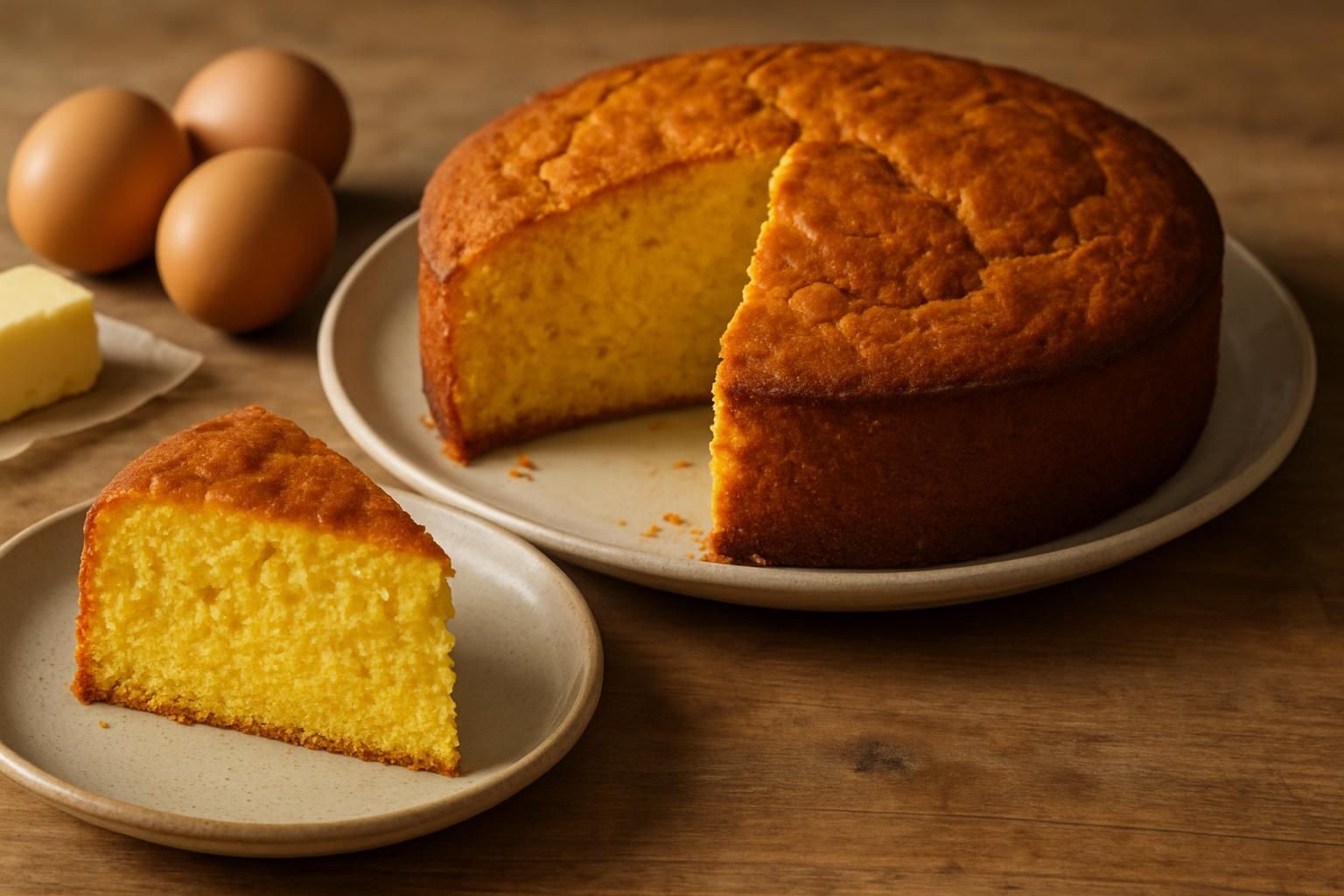 Gâteau aux jaunes d’œufs avec une part montrant sa mie moelleuse.