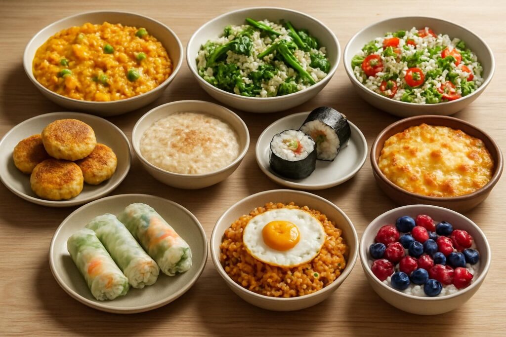 Que faire avec un reste de riz ? Galettes de riz dorées, gratin et riz sauté aux légumes sur une table rustique