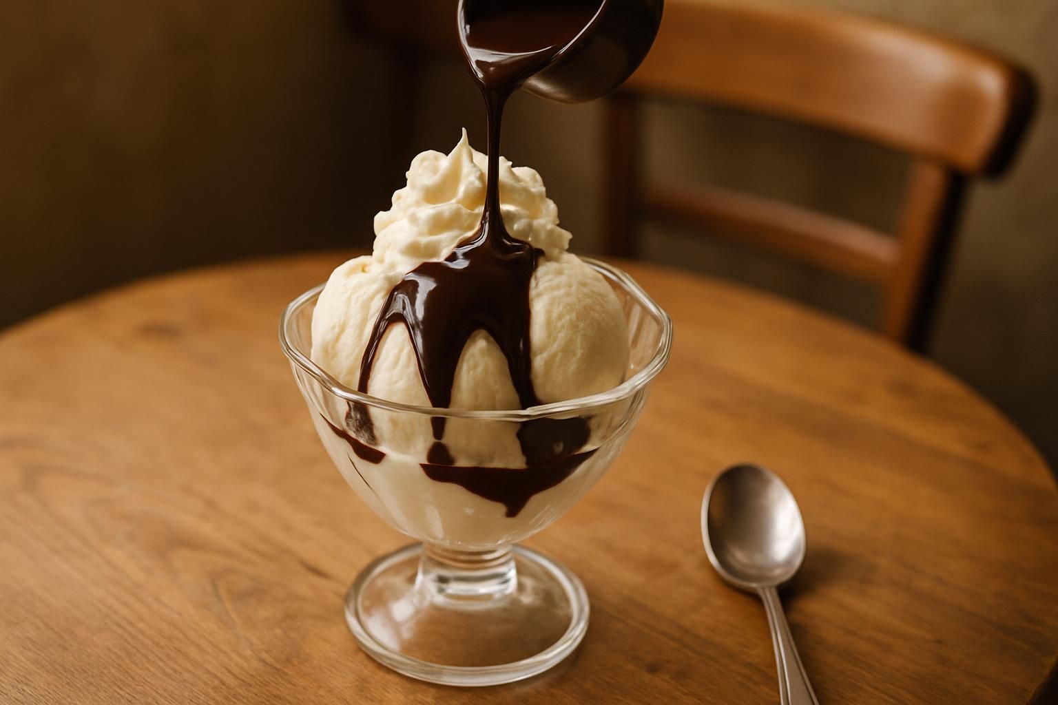 Dame blanche maison avec glace vanille, sauce chocolat chaude et chantilly